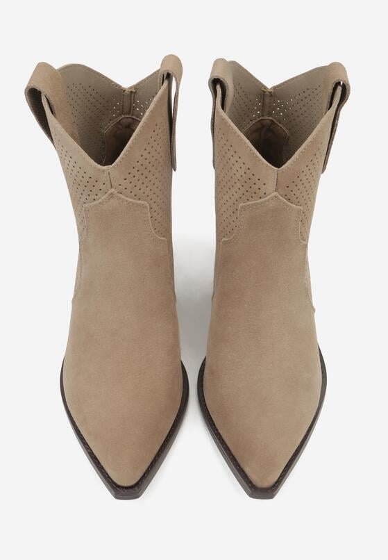 Ciemnobeżowe Skórzane Botki Kowbojki na Stożkowym Obcasie Elinyra 6