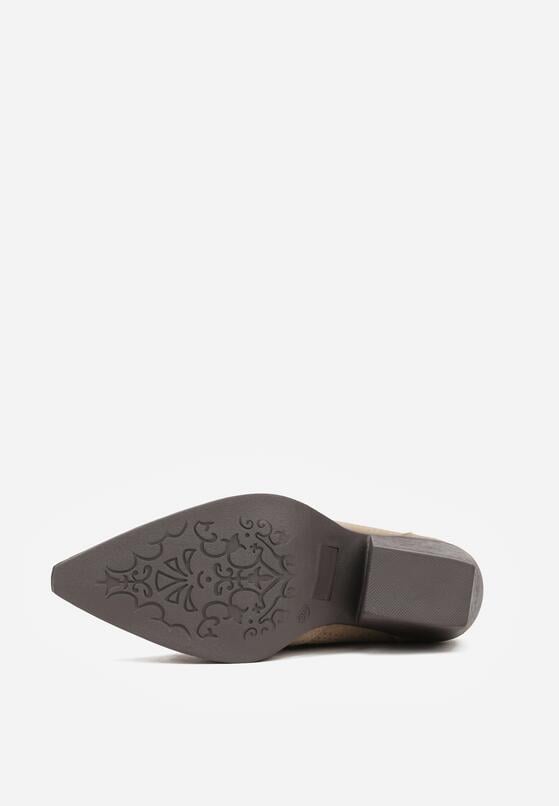 Ciemnobeżowe Skórzane Botki Kowbojki na Stożkowym Obcasie Elinyra 7