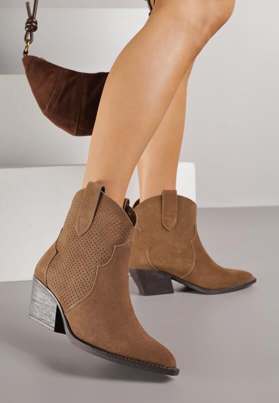 Brązowe Skórzane Botki Kowbojki na Stożkowym Obcasie Elinyra 1