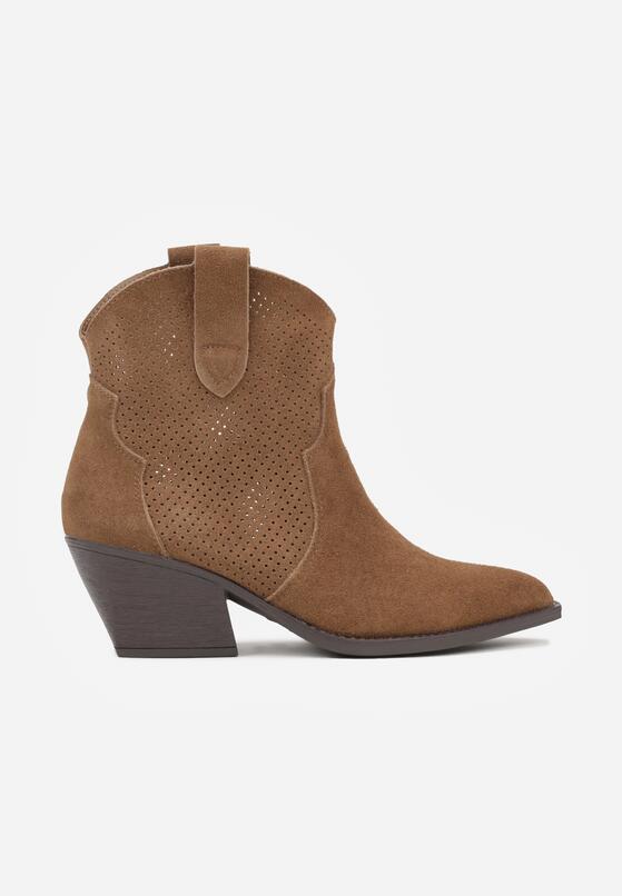 Brązowe Skórzane Botki Kowbojki na Stożkowym Obcasie Elinyra 4