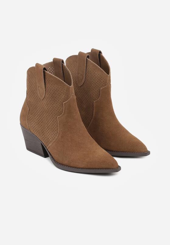 Brązowe Skórzane Botki Kowbojki na Stożkowym Obcasie Elinyra 5