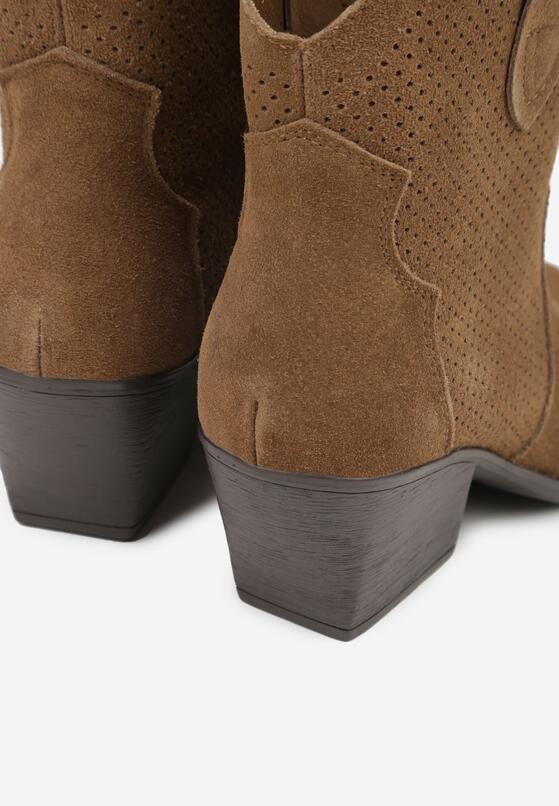 Brązowe Skórzane Botki Kowbojki na Stożkowym Obcasie Elinyra 8