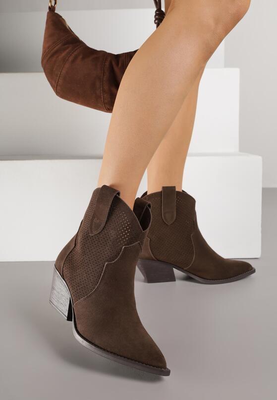 Ciemnobrązowe Skórzane Botki Kowbojki na Stożkowym Obcasie Elinyra 2