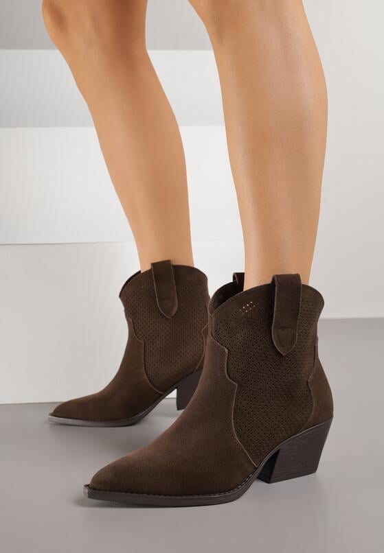 Ciemnobrązowe Skórzane Botki Kowbojki na Stożkowym Obcasie Elinyra 1