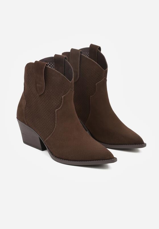 Ciemnobrązowe Skórzane Botki Kowbojki na Stożkowym Obcasie Elinyra 5
