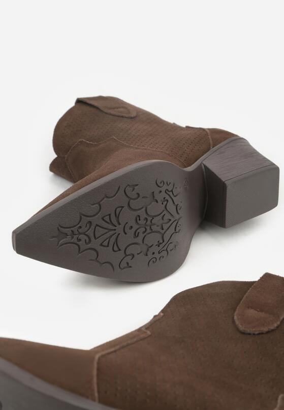 Ciemnobrązowe Skórzane Botki Kowbojki na Stożkowym Obcasie Elinyra 7