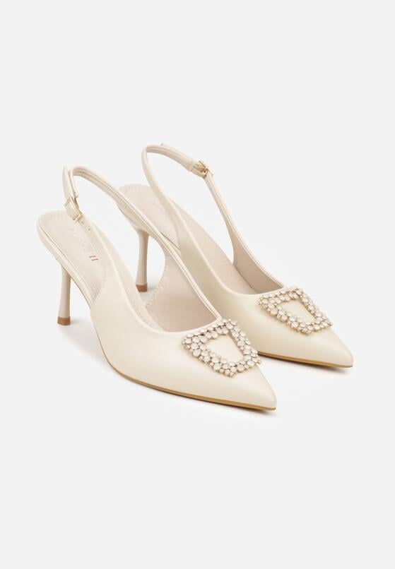 Beżowe Sandały na Szpilce z Cyrkoniową Klamrą Starstone 5