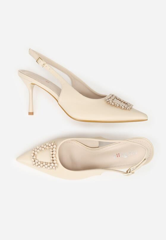 Beżowe Sandały na Szpilce z Cyrkoniową Klamrą Starstone 6