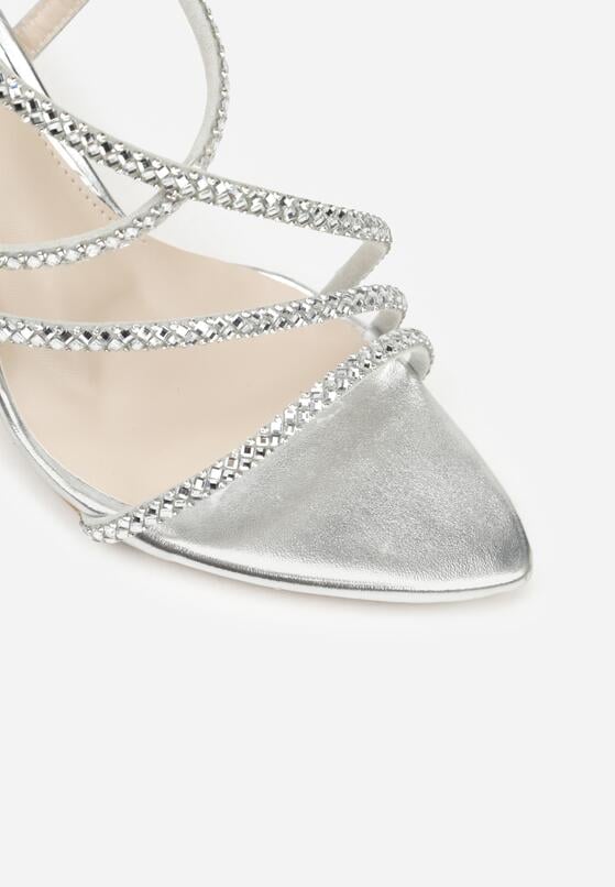 Srebrne Sandały na Szpilce Ozdobione Cyrkoniami Thelmia 8