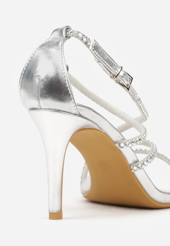 Srebrne Sandały na Szpilce Ozdobione Cyrkoniami Thelmia 9