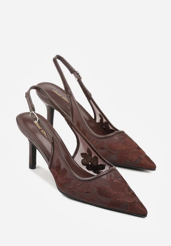 Brązowe Sandały na Szpilce z Haftowanym Wzorem Iphiserris 5