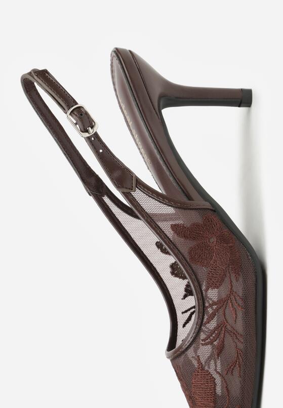 Brązowe Sandały na Szpilce z Haftowanym Wzorem Iphiserris 9