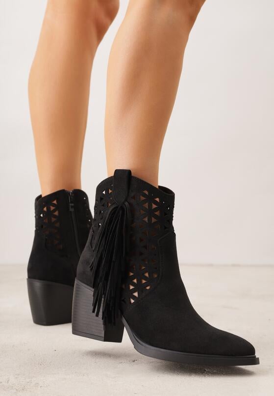 Czarne Botki Kowbojki na Stożkowym Obcasie z Ażurowym Wzorem i Eathetina 2
