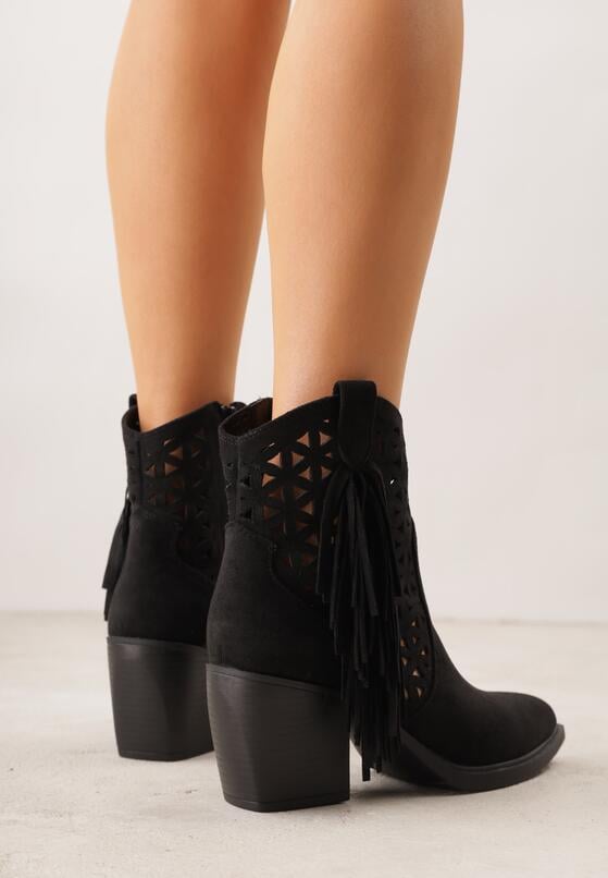 Czarne Botki Kowbojki na Stożkowym Obcasie z Ażurowym Wzorem i Eathetina 3