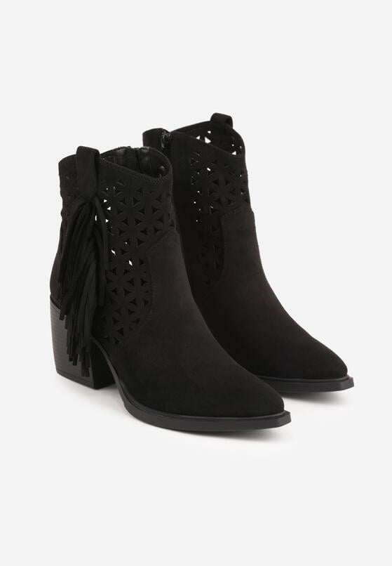 Czarne Botki Kowbojki na Stożkowym Obcasie z Ażurowym Wzorem i Eathetina 5
