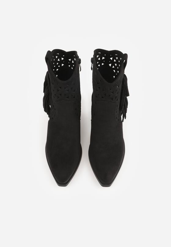 Czarne Botki Kowbojki na Stożkowym Obcasie z Ażurowym Wzorem i Eathetina 6