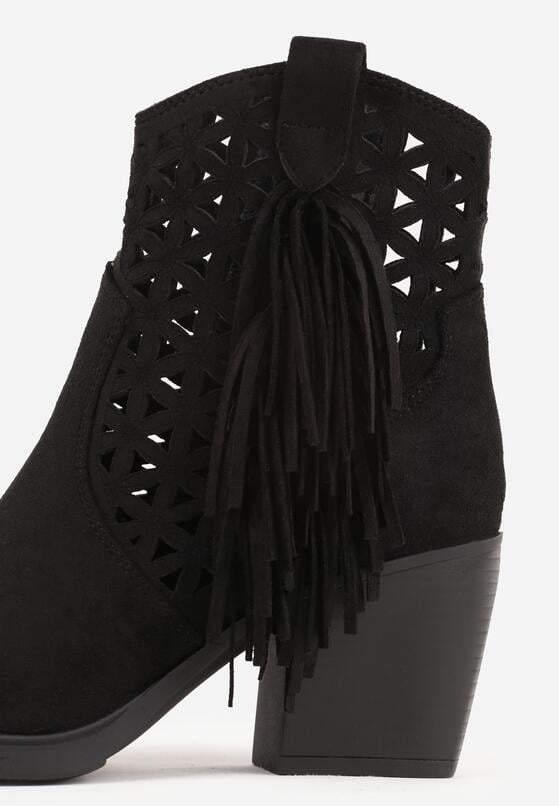 Czarne Botki Kowbojki na Stożkowym Obcasie z Ażurowym Wzorem i Eathetina 8