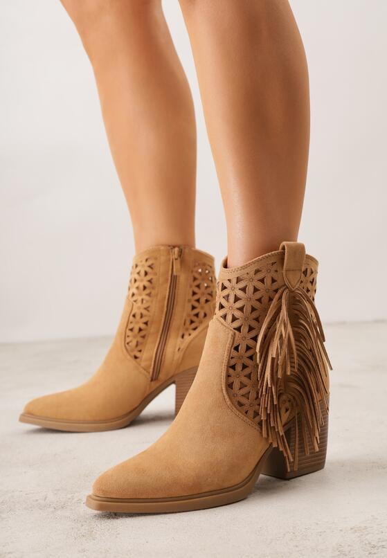 Brązowe Botki Kowbojki na Stożkowym Obcasie z Ażurowym Wzorem i Eathetina 1
