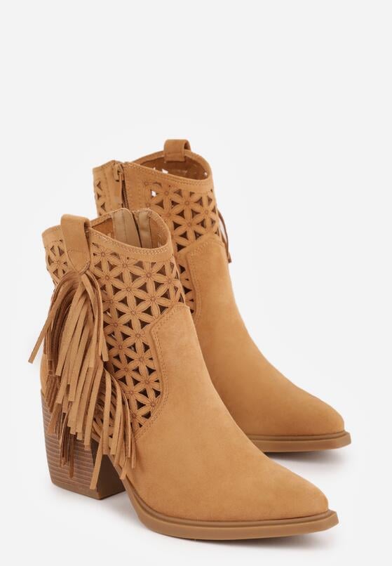 Brązowe Botki Kowbojki na Stożkowym Obcasie z Ażurowym Wzorem i Eathetina 5