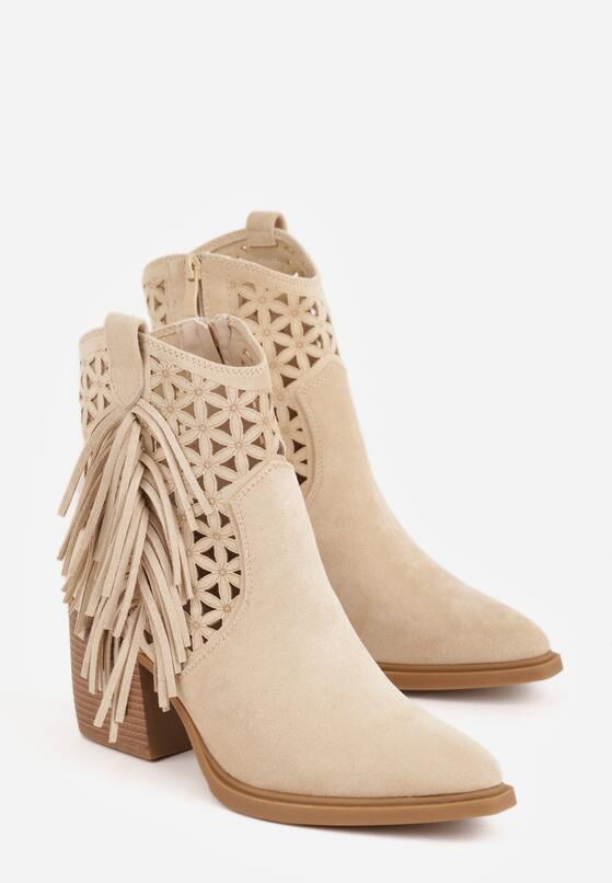 Beżowe Botki Kowbojki na Stożkowym Obcasie z Ażurowym Wzorem i Eathetina 5