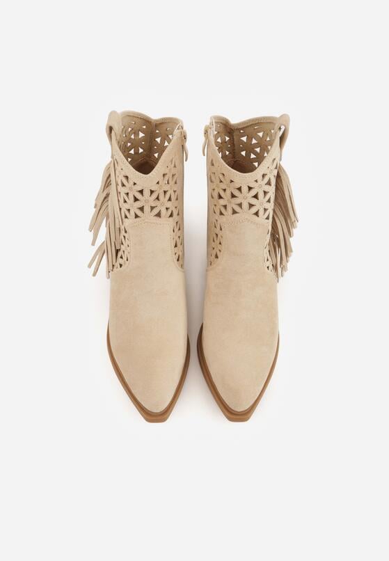 Beżowe Botki Kowbojki na Stożkowym Obcasie z Ażurowym Wzorem i Eathetina 6
