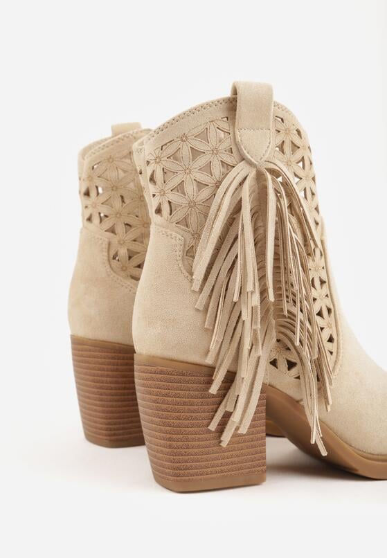 Beżowe Botki Kowbojki na Stożkowym Obcasie z Ażurowym Wzorem i Eathetina 9