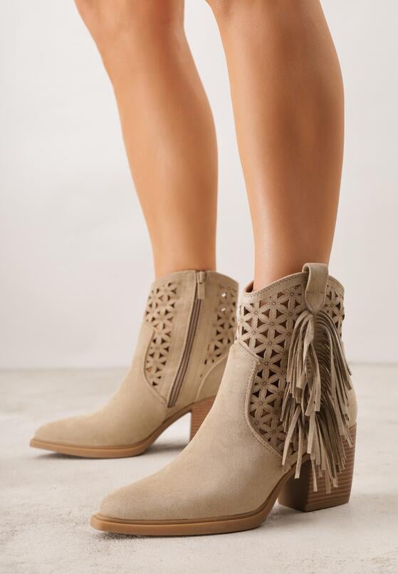 Ciemnobeżowe Botki Kowbojki na Stożkowym Obcasie z Ażurowym Wzorem i Eathetina 2