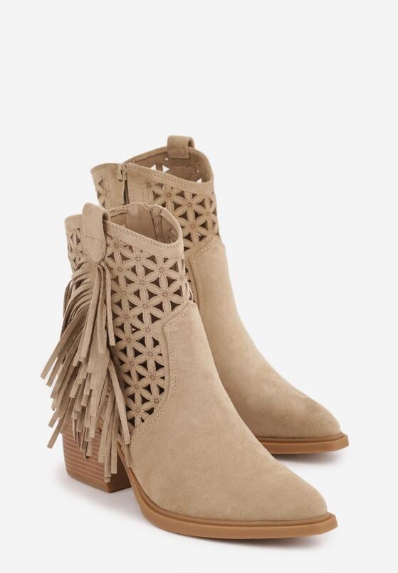 Ciemnobeżowe Botki Kowbojki na Stożkowym Obcasie z Ażurowym Wzorem i Eathetina 5