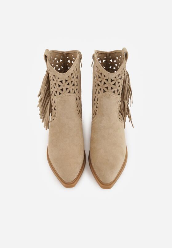 Ciemnobeżowe Botki Kowbojki na Stożkowym Obcasie z Ażurowym Wzorem i Eathetina 6