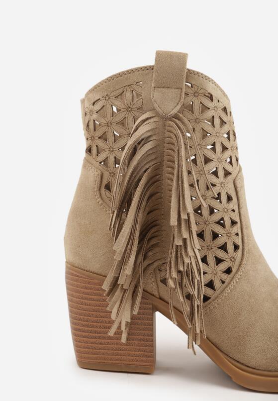 Ciemnobeżowe Botki Kowbojki na Stożkowym Obcasie z Ażurowym Wzorem i Eathetina 8