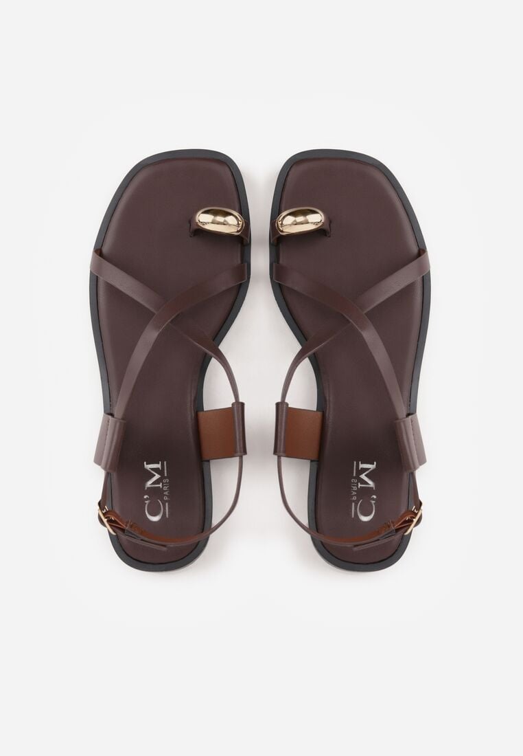 Ciemnobrązowe Sandały w Stylu Japonek z Metaliczną Ozdobą Catelin 6