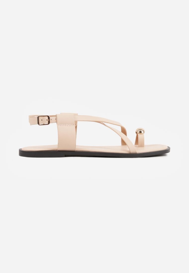 Beżowe Sandały w Stylu Japonek z Metaliczną Ozdobą Catelin 4