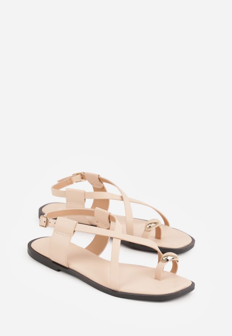 Beżowe Sandały w Stylu Japonek z Metaliczną Ozdobą Catelin 5