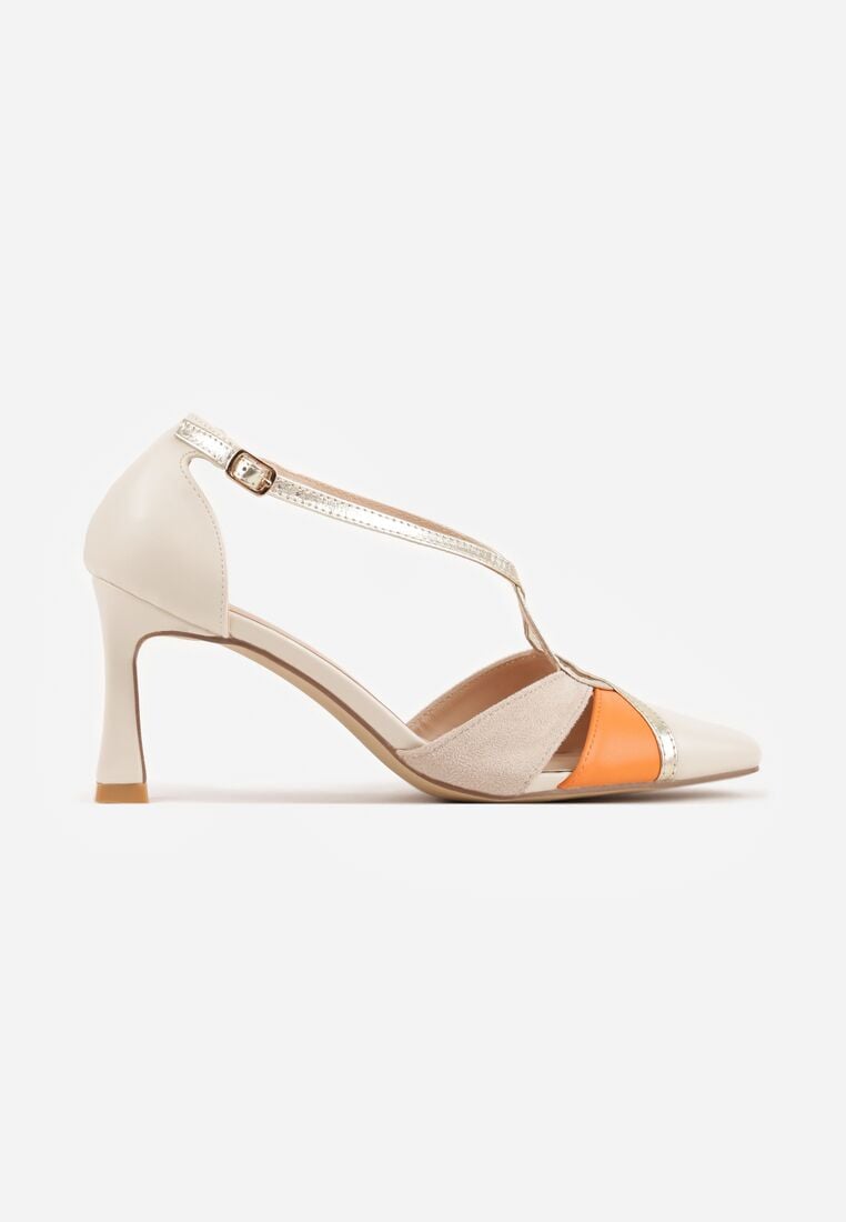 Beżowe Czółenka na Stożkowym Obcasie z Metalicznymi Paskami Iphophi 4