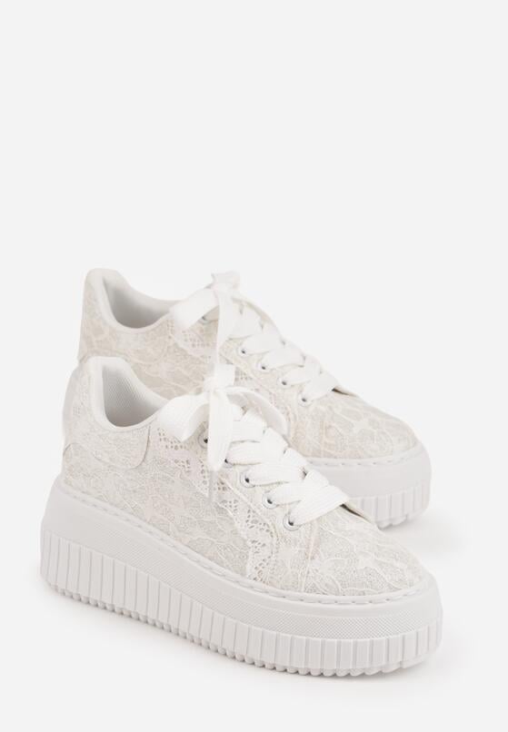 Białe Sneakersy na Grubej Tłoczonej Platformie Ozdobione Brokatem i Koronką Zellysh 5