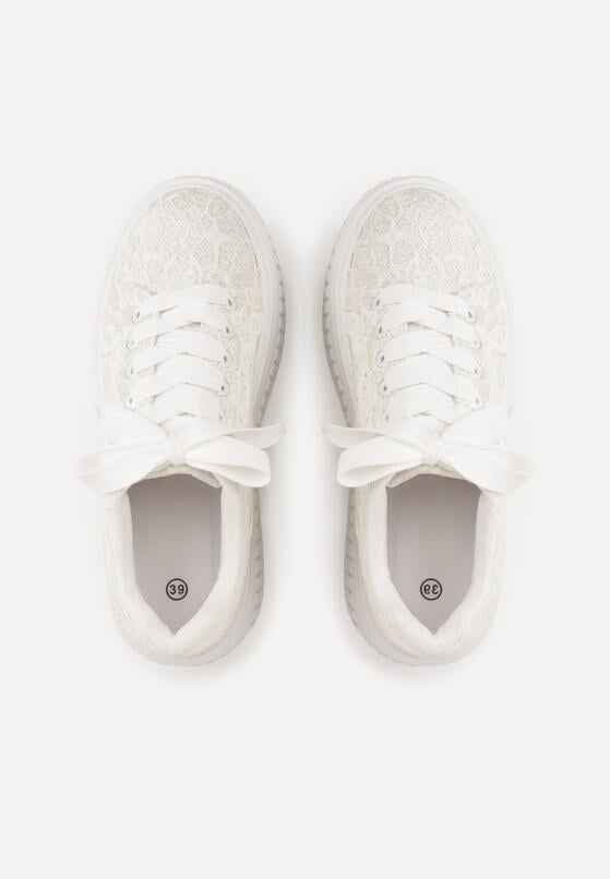 Białe Sneakersy na Grubej Tłoczonej Platformie Ozdobione Brokatem i Koronką Zellysh 6