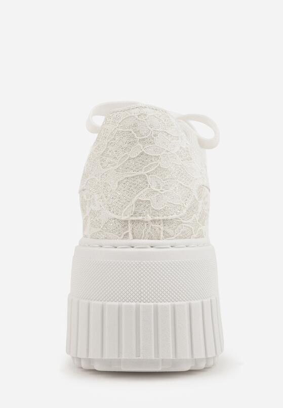 Białe Sneakersy na Grubej Tłoczonej Platformie Ozdobione Brokatem i Koronką Zellysh 8