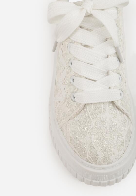 Białe Sneakersy na Grubej Tłoczonej Platformie Ozdobione Brokatem i Koronką Zellysh 9