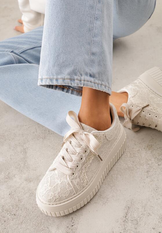 Beżowe Sneakersy na Grubej Tłoczonej Platformie Ozdobione Brokatem i Koronką Zellysh 2