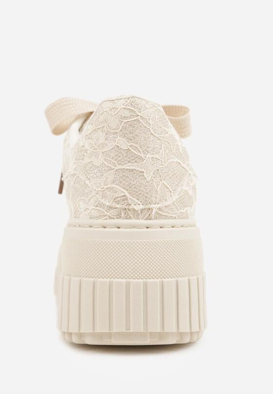 Beżowe Sneakersy na Grubej Tłoczonej Platformie Ozdobione Brokatem i Koronką Zellysh 9