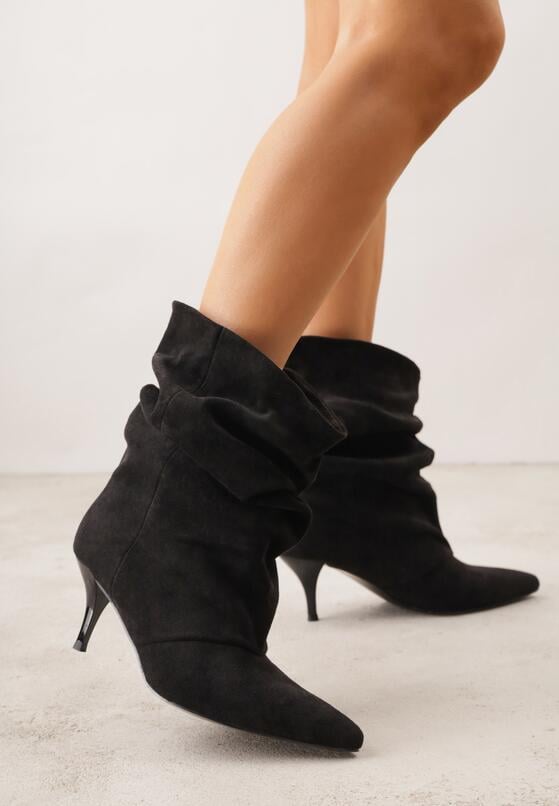 Czarne Botki na Szpilce z Marszczoną Cholewką Hailenia 2