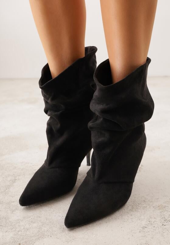 Czarne Botki na Szpilce z Marszczoną Cholewką Hailenia 3