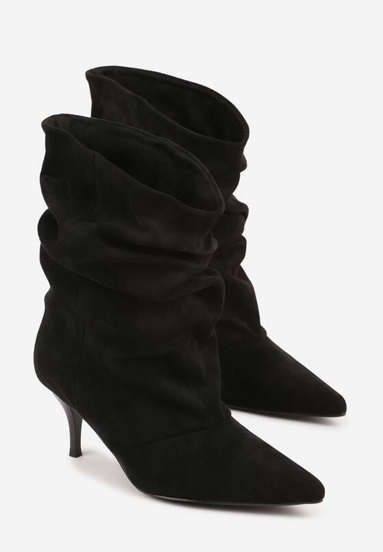 Czarne Botki na Szpilce z Marszczoną Cholewką Hailenia 5