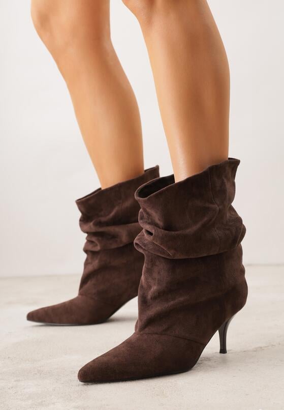 Brązowe Botki na Szpilce z Marszczoną Cholewką Hailenia 1