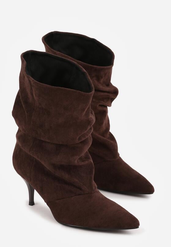 Brązowe Botki na Szpilce z Marszczoną Cholewką Hailenia 5
