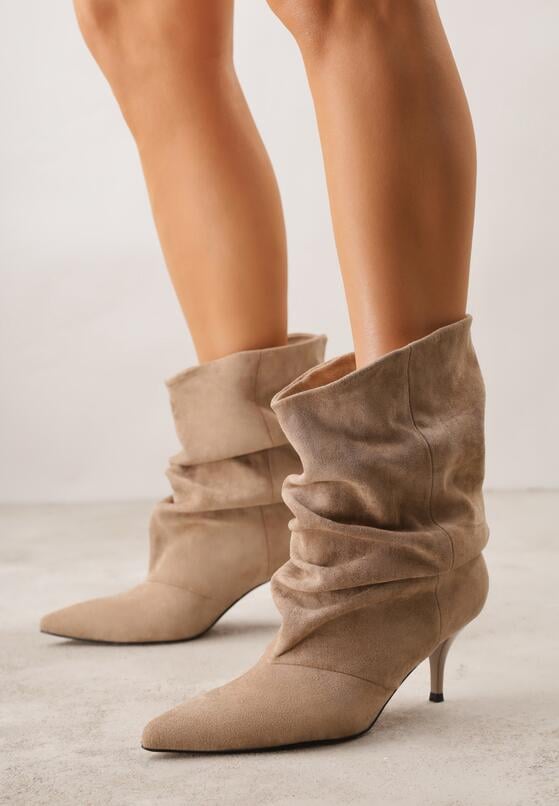 Ciemnobeżowe Botki na Szpilce z Marszczoną Cholewką Hailenia 1