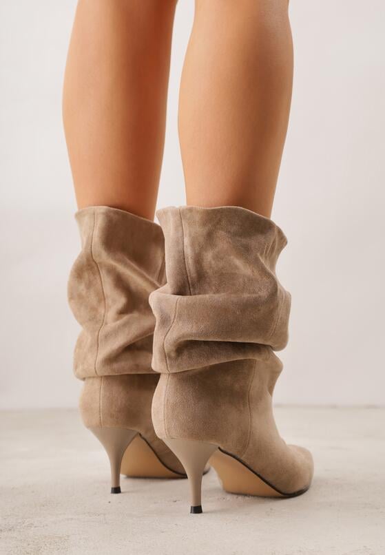 Ciemnobeżowe Botki na Szpilce z Marszczoną Cholewką Hailenia 3