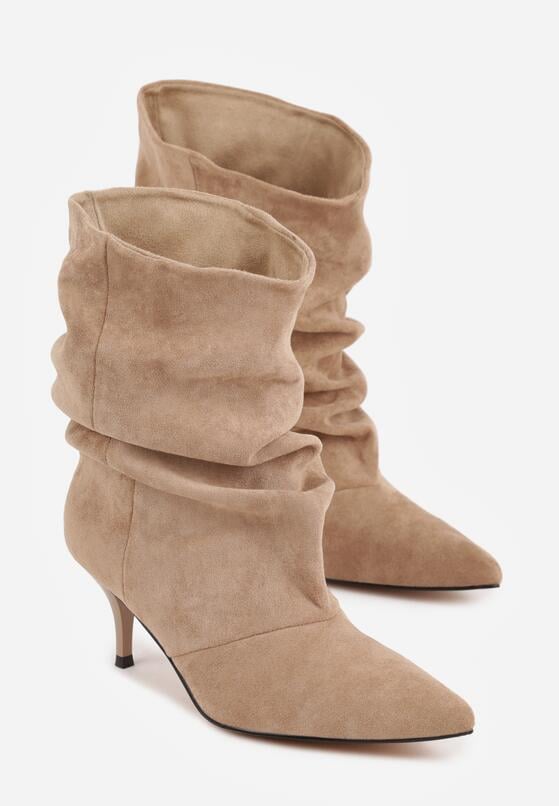 Ciemnobeżowe Botki na Szpilce z Marszczoną Cholewką Hailenia 5