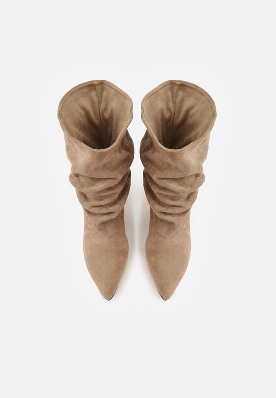 Ciemnobeżowe Botki na Szpilce z Marszczoną Cholewką Hailenia 6