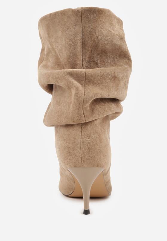 Ciemnobeżowe Botki na Szpilce z Marszczoną Cholewką Hailenia 8